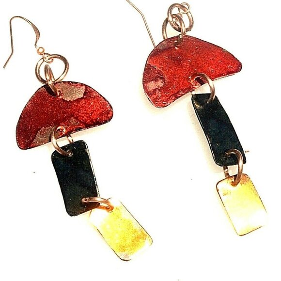 Modernist Geometric Blue Yellow Red Pure Copper Dangle Earrings Solid Handmade - Picture 1 of 8